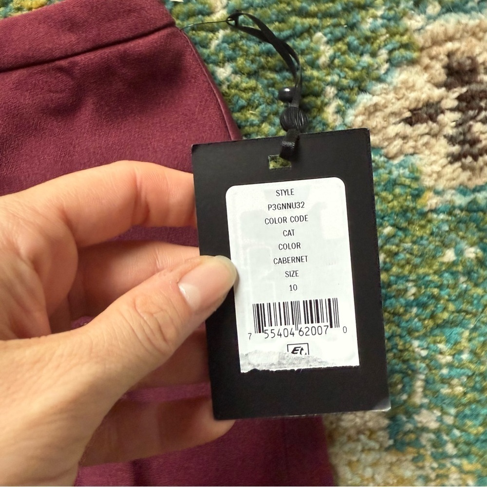 DKNY Cabernet Satin Midi Skirt NWT | Size 10 | Burgundy Asymmetrical Flowy Skirt - Picture 3 of 11